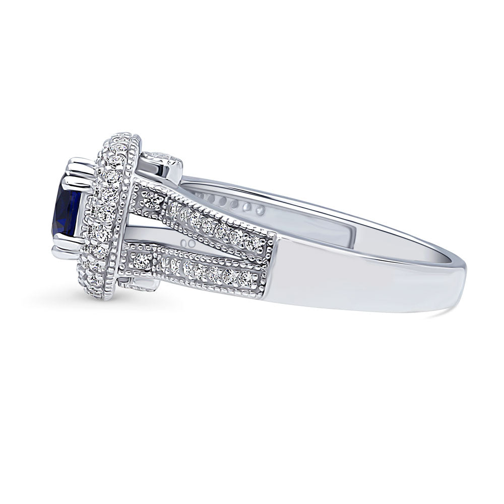Angle view of Halo Sapphire-Blue CZ Split Shank Ring in Sterling Silver, 5 of 11