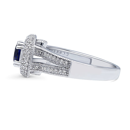 Halo Sapphire-Blue CZ Split Shank Ring in Sterling Silver