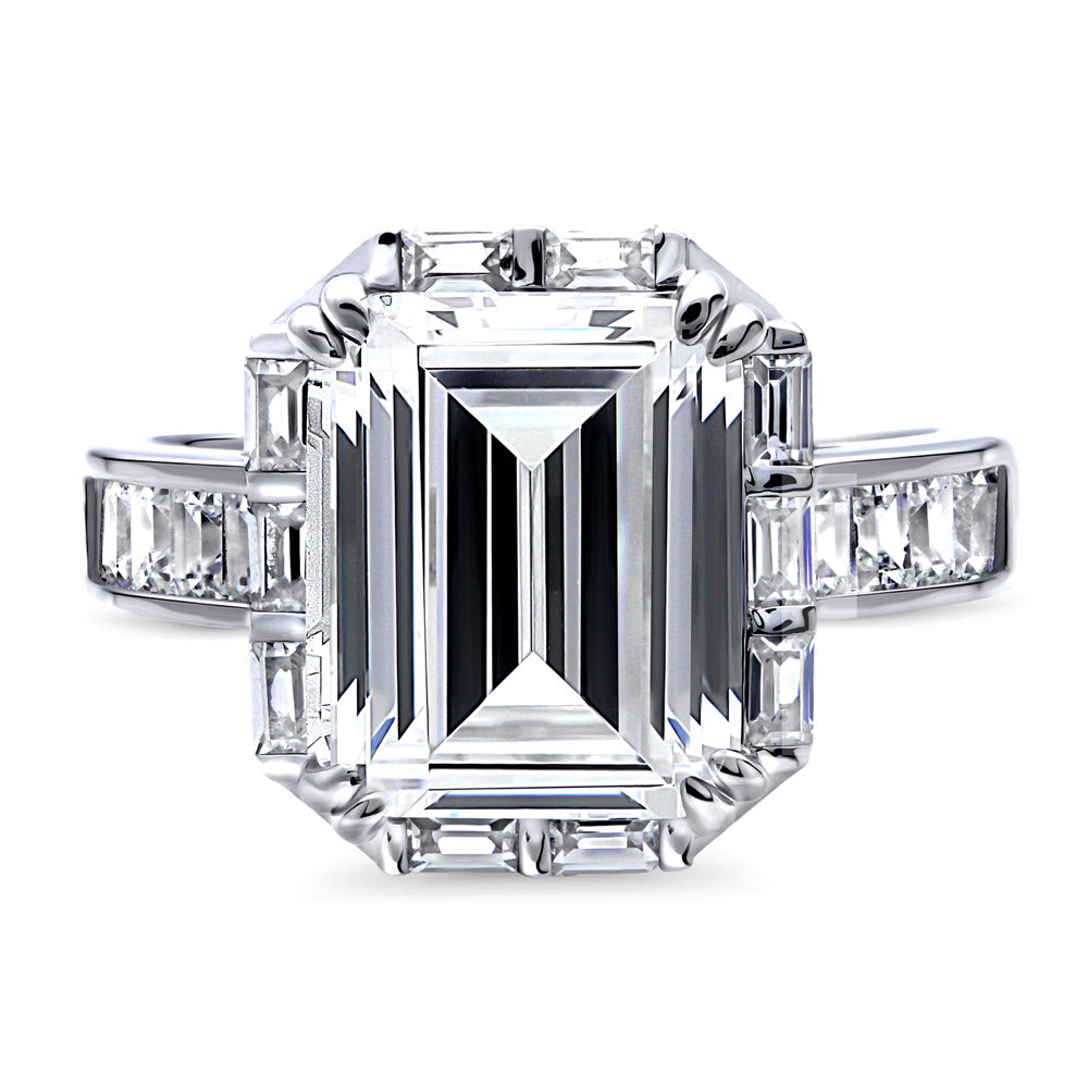 Halo Art Deco Step Emerald Cut CZ Ring in Sterling Silver, 1 of 9