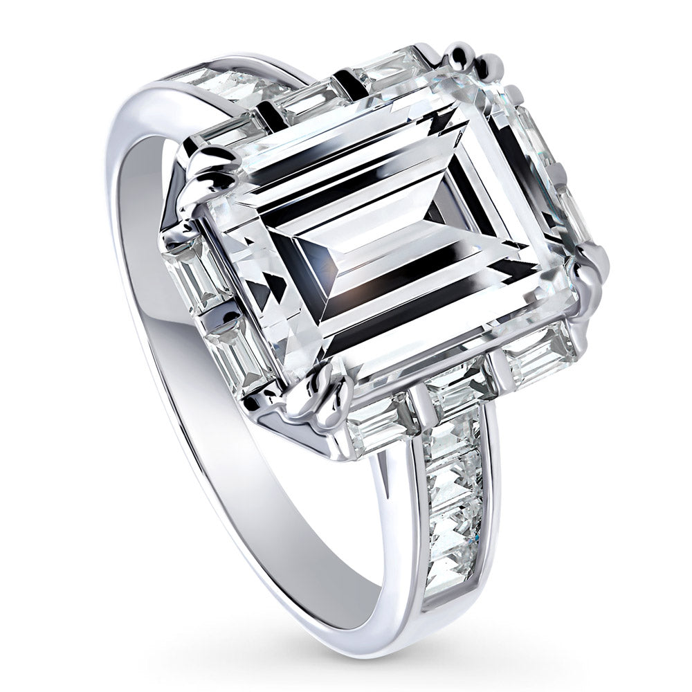 Front view of Halo Art Deco Step Emerald Cut CZ Ring in Sterling Silver, 4 of 9