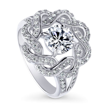 Flower Woven CZ Split Shank Ring in Sterling Silver