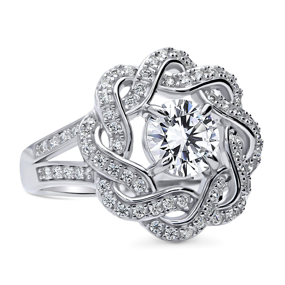 Side view of Flower Woven Ribbon Wreath CZ Split Shank Ring in Sterling Silver, 9 of 12