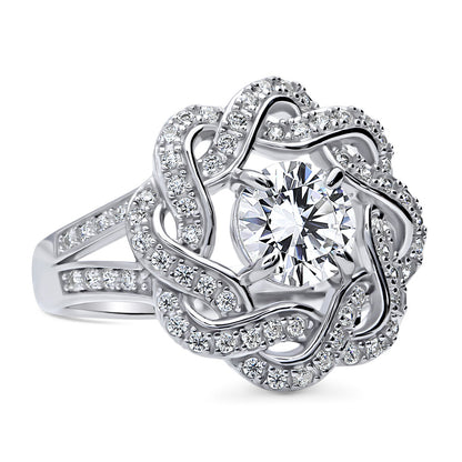 Flower Woven Ribbon Wreath CZ Split Shank Ring in Sterling Silver