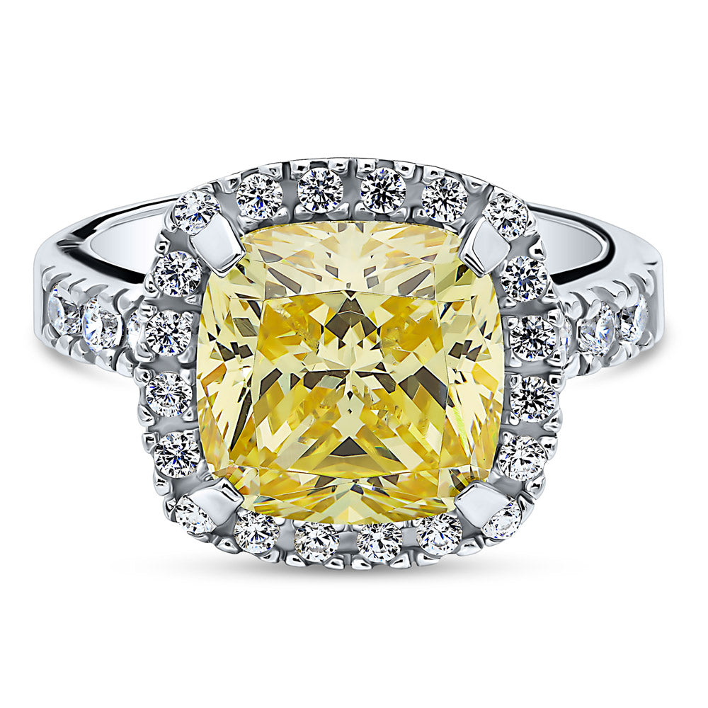 Halo Canary Yellow Cushion CZ Statement Ring in Sterling Silver, 1 of 14