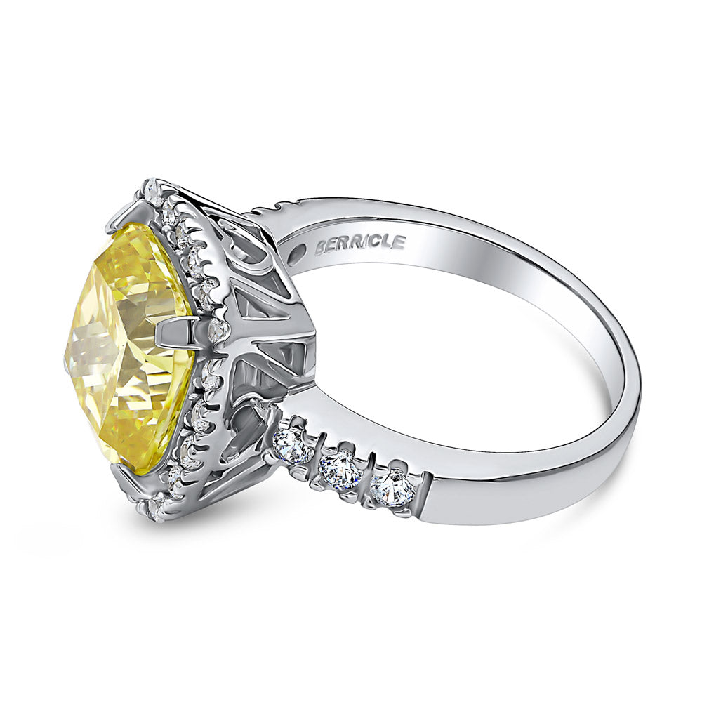 Halo Canary Yellow Cushion CZ Ring in Sterling Silver