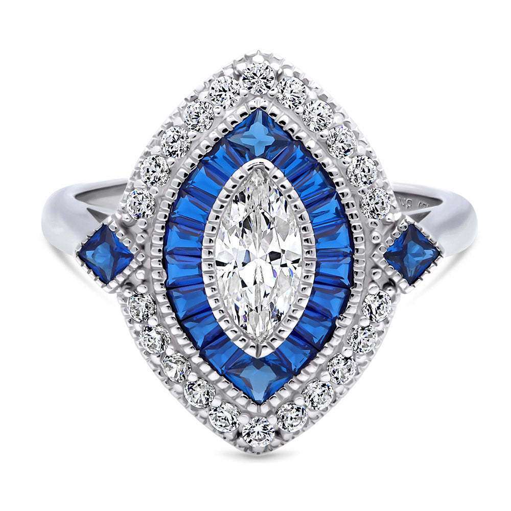 Navette Halo Art Deco Milgrain CZ Ring in Sterling Silver, 1 of 9