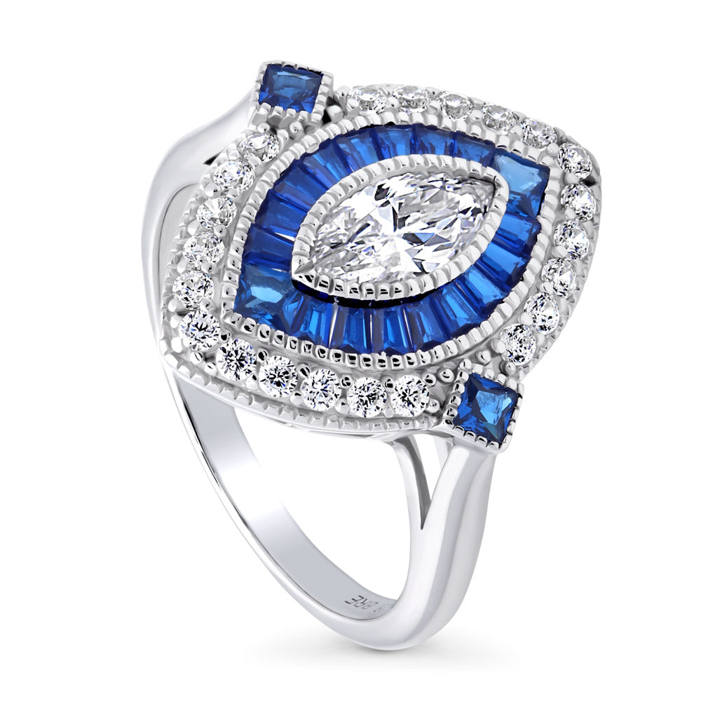 Navette Halo Art Deco Milgrain CZ Ring in Sterling Silver