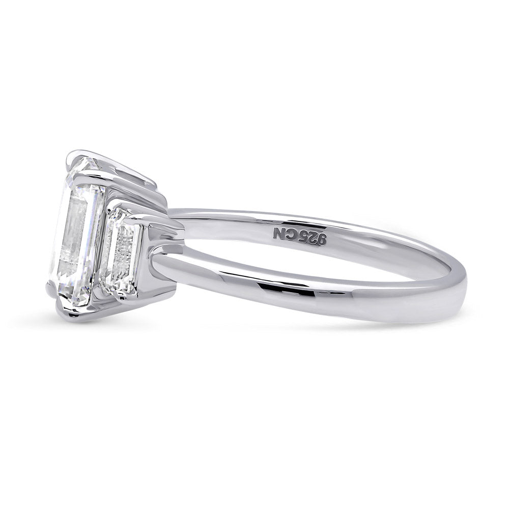 Angle view of 3-Stone 2.1ct Emerald Cut CZ Ring in Sterling Silver, 5 of 9