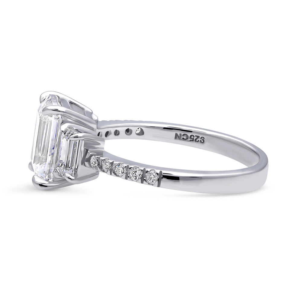 Angle view of 3-Stone 2.1ct Emerald Cut CZ Ring in Sterling Silver, 5 of 10