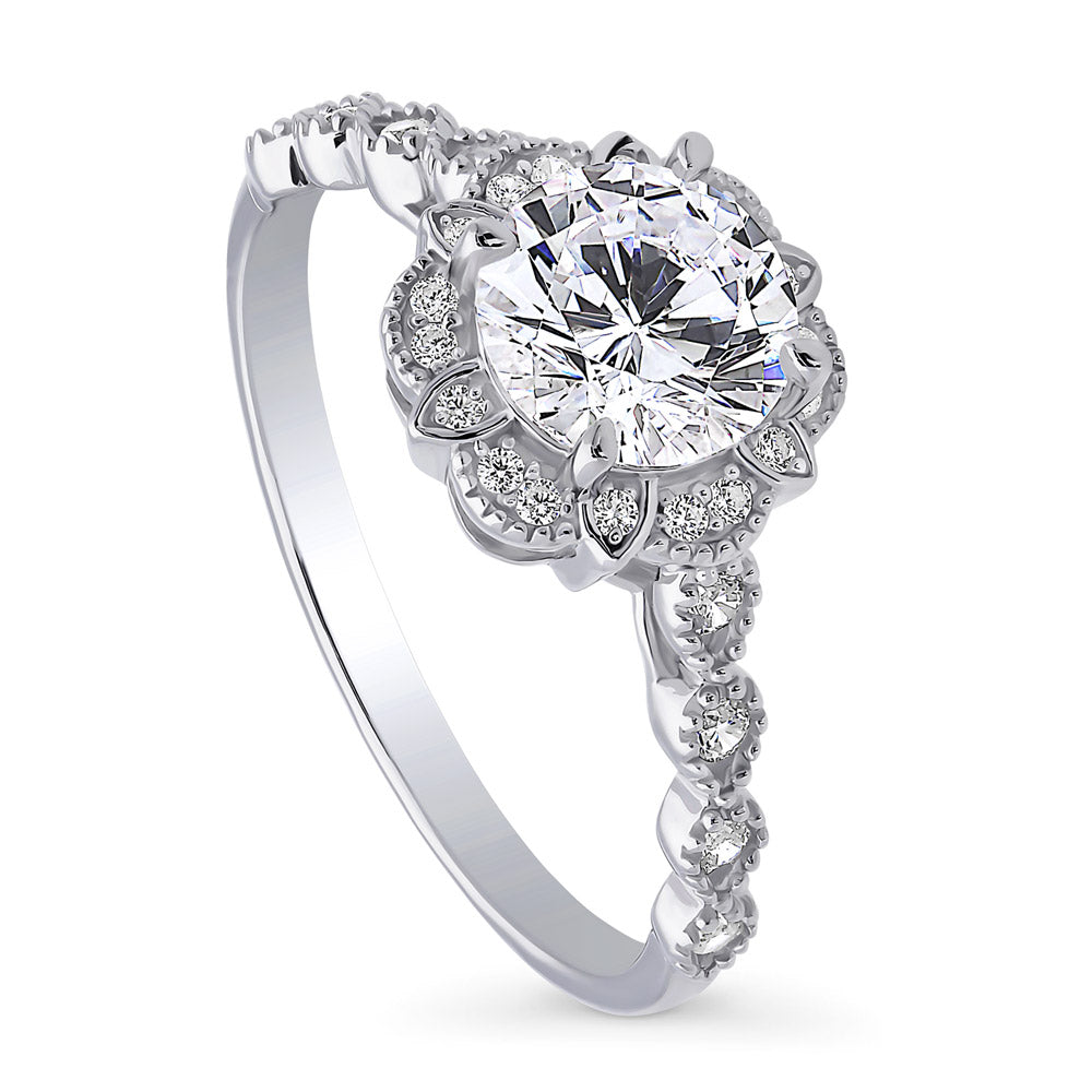 Front view of Halo Flower Round CZ Ring in Sterling Silver, 3 of 7