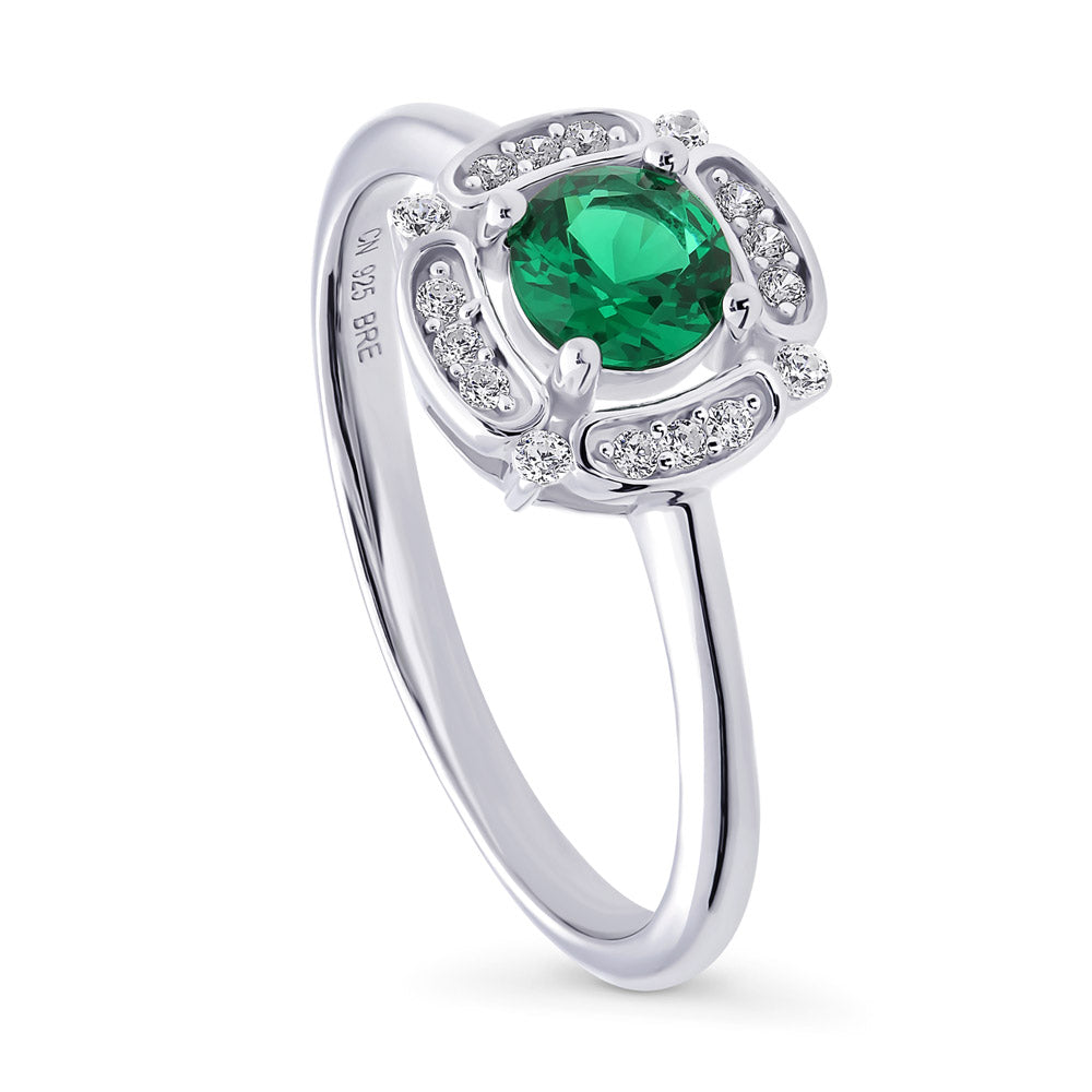 Front view of Halo Flower Green Round CZ Ring in Sterling Silver, 2 of 6