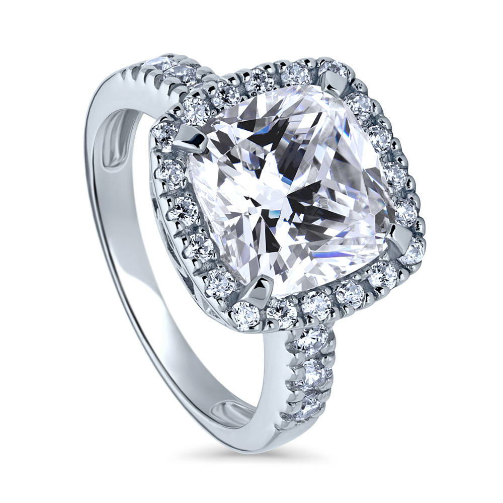 Front view of Halo Cushion Cut CZ Ring in Sterling Silver, 4 of 13
