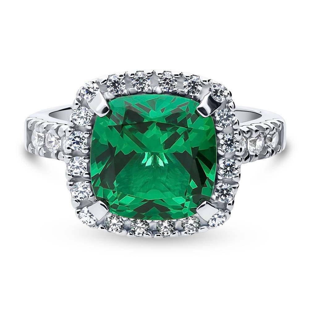 Halo Green Cushion CZ Ring in Sterling Silver