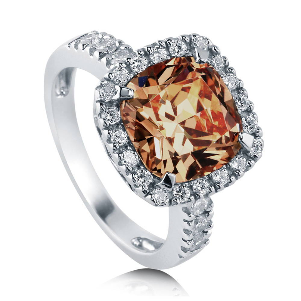 Front view of Halo Deep Champagne Cushion CZ Ring in Sterling Silver, 4 of 8