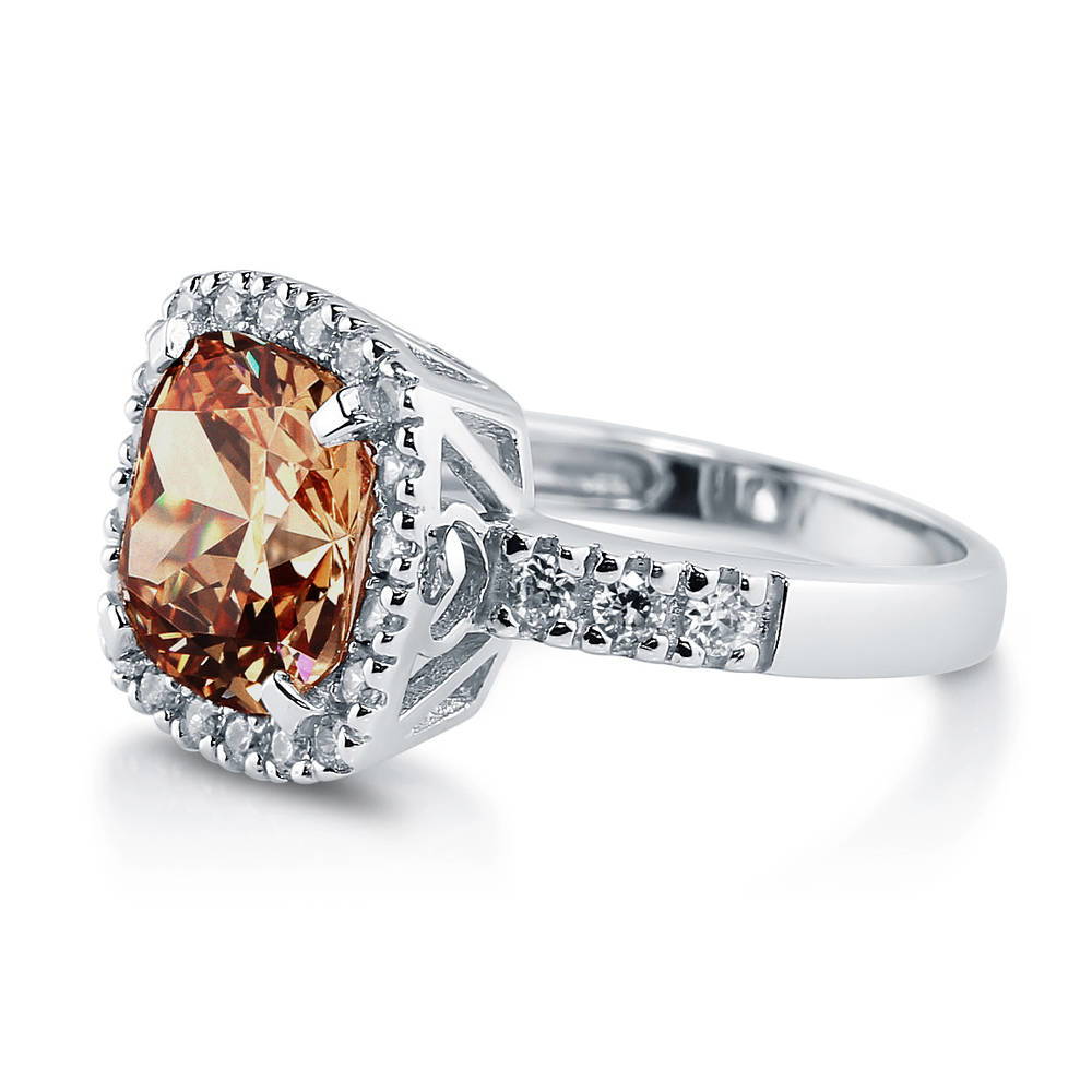 Angle view of Halo Deep Champagne Cushion CZ Ring in Sterling Silver, 5 of 8