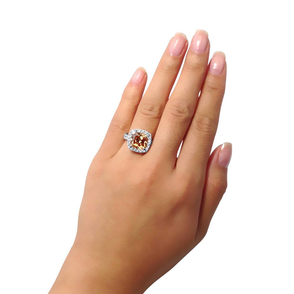 Halo Deep Champagne Cushion CZ Ring in Sterling Silver, 2 of 8