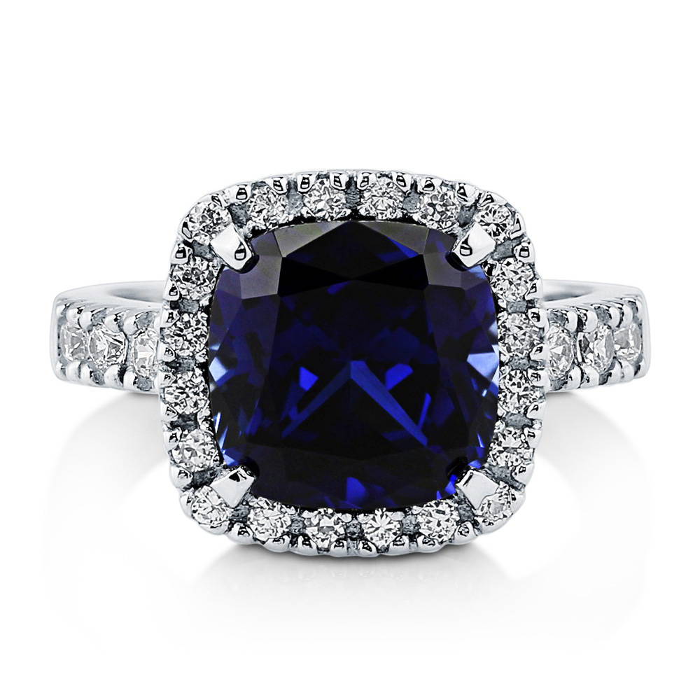 Halo Simulated Blue Sapphire Cushion CZ Ring in Sterling Silver, 1 of 8