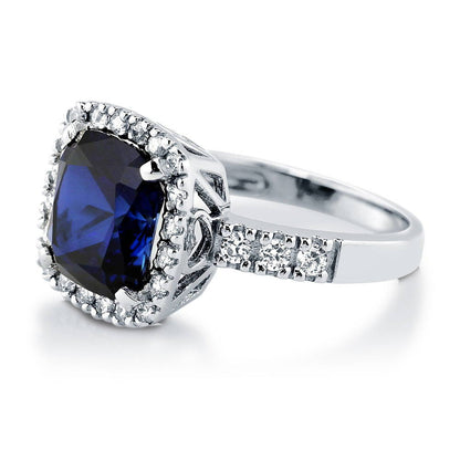 Halo Sapphire-Blue Cushion CZ Ring in Sterling Silver