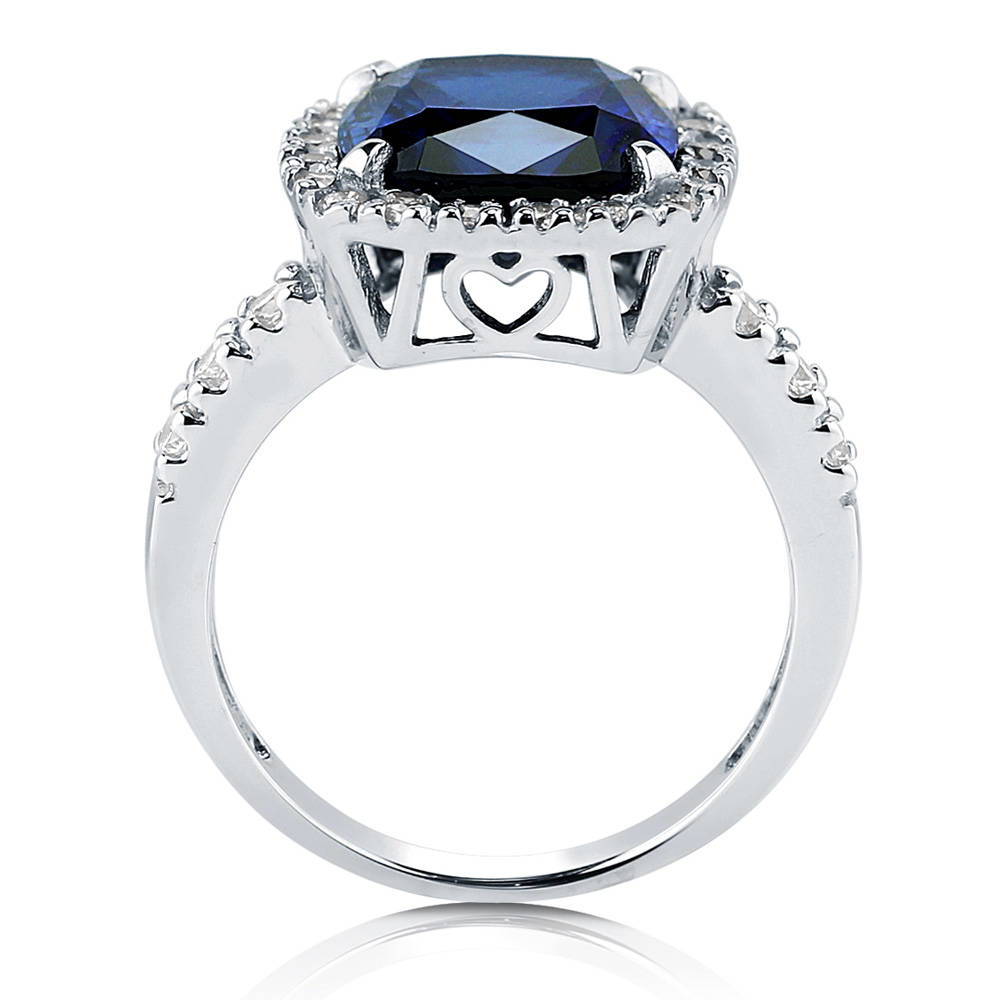 Alternate view of Halo Simulated Blue Sapphire Cushion CZ Ring in Sterling Silver, 6 of 7
