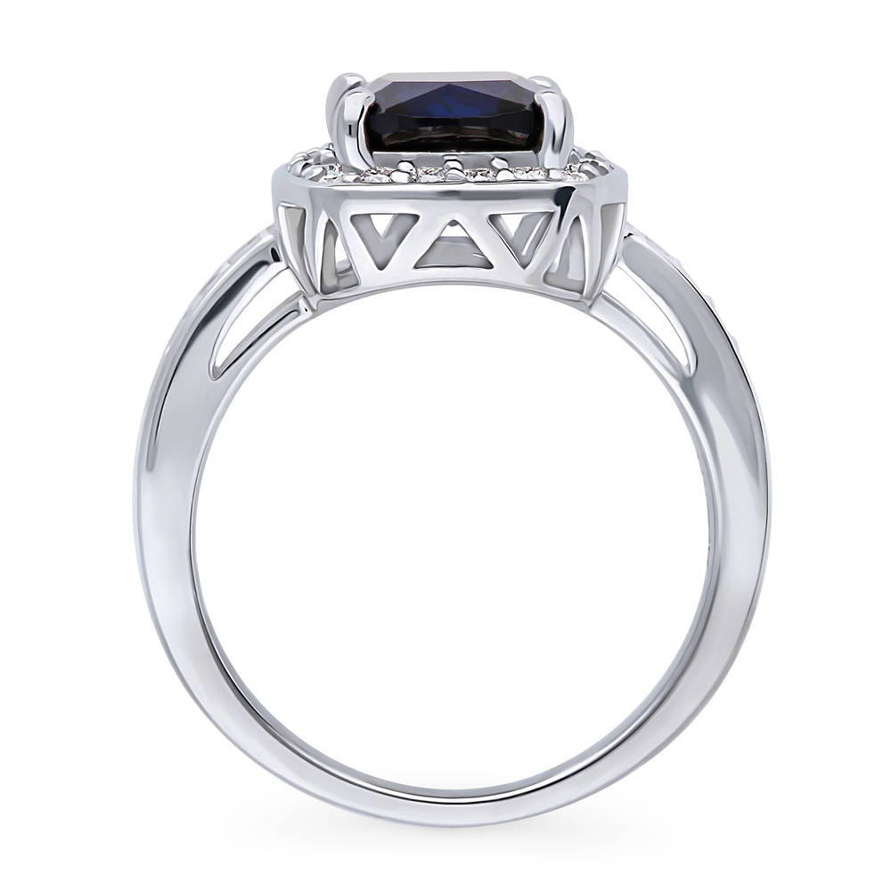 Halo Simulated Blue Sapphire Cushion CZ Ring in Sterling Silver