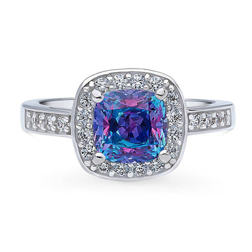 Halo Kaleidoscope Purple Aqua Cushion CZ Ring in Sterling Silver