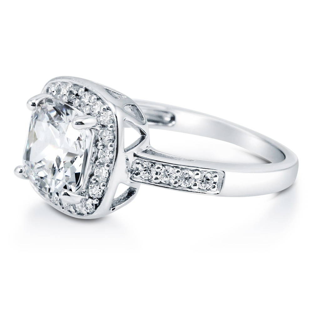 Front view of Halo Cushion Cut CZ Ring in Sterling Silver, 5 of 10