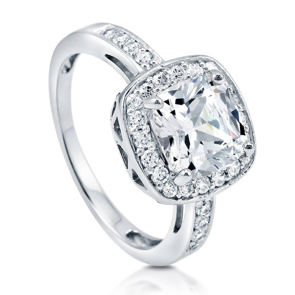 Angle view of Halo Cushion Cut CZ Ring in Sterling Silver, 4 of 10