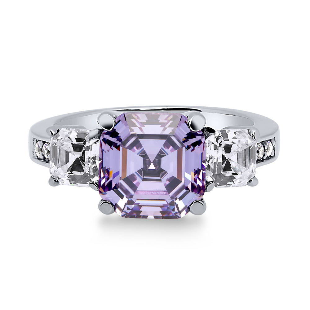 3-Stone Purple Asscher CZ Statement Ring in Sterling Silver, 1 of 9