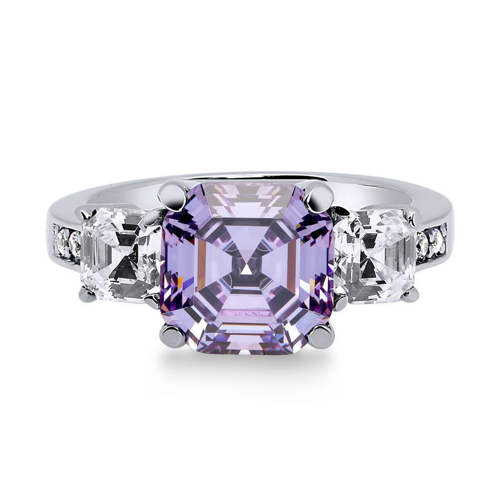 3-Stone 4.1ct Purple Asscher CZ Ring in Sterling Silver