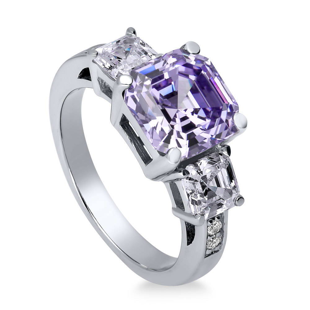 Front view of 3-Stone 4.1ct Purple Asscher CZ Ring in Sterling Silver, 4 of 9