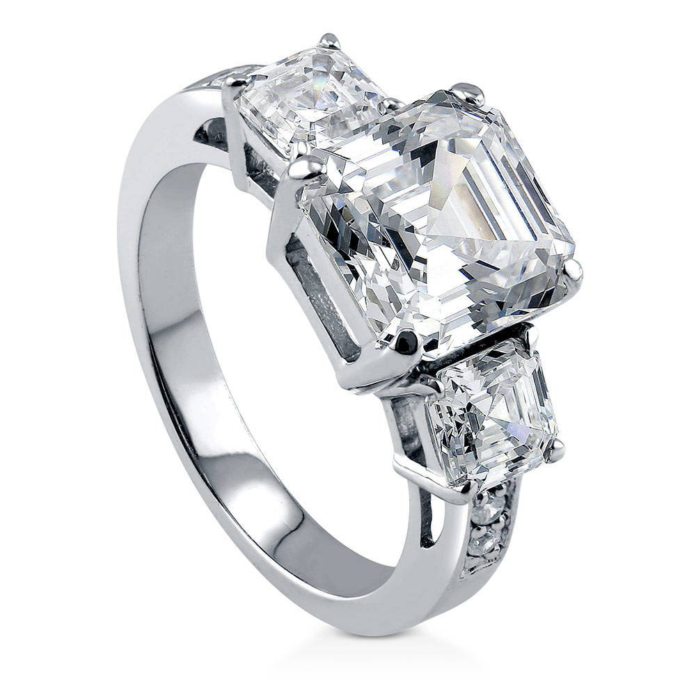 Front view of 3-Stone Asscher CZ Ring in Sterling Silver, 4 of 9