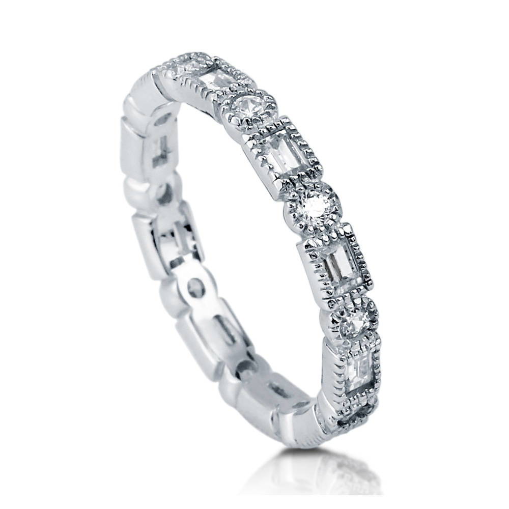 Front view of Art Deco Milgrain Bezel Set CZ Eternity Ring in Sterling Silver, 4 of 7