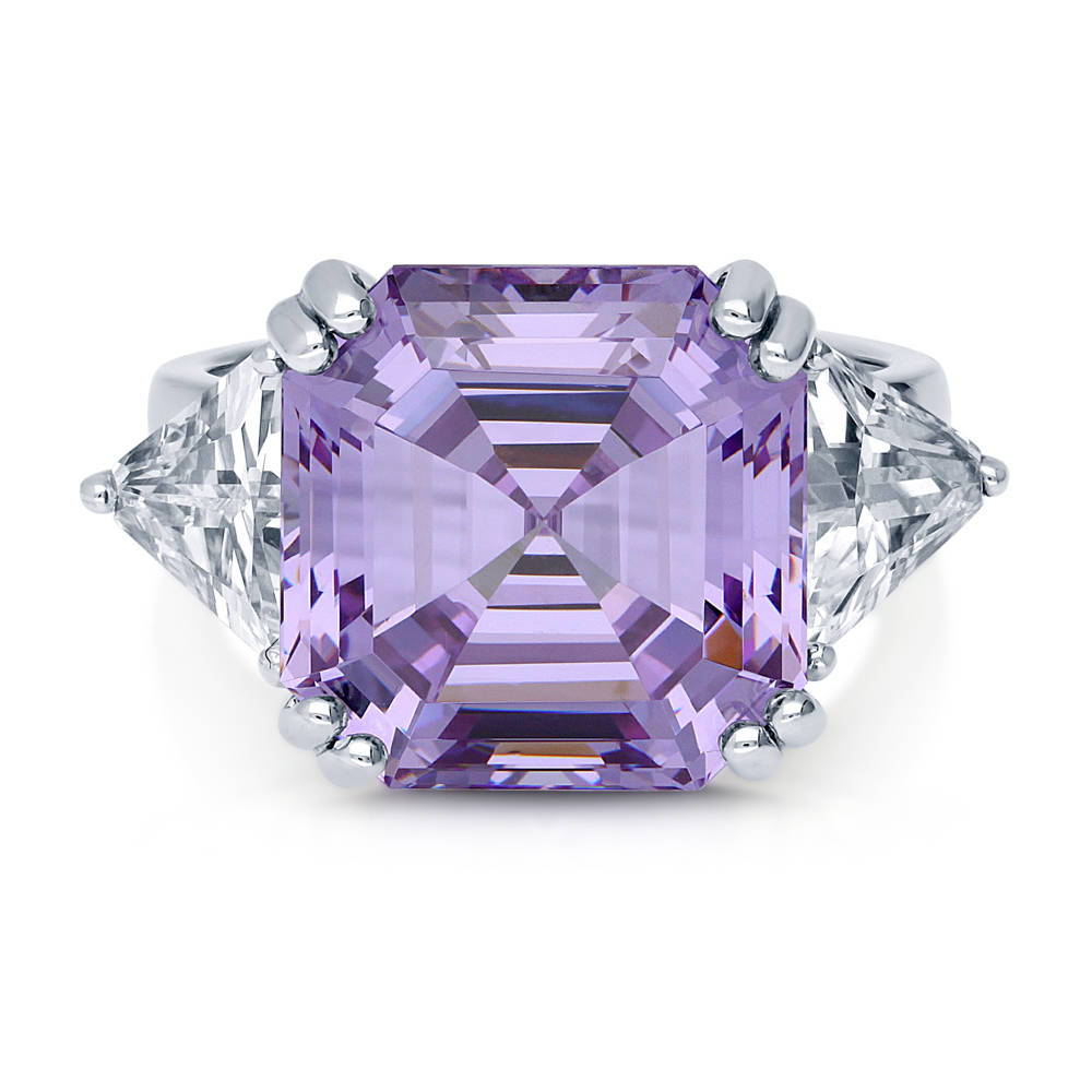 3-Stone Purple Asscher CZ Statement Ring in Sterling Silver, 1 of 11