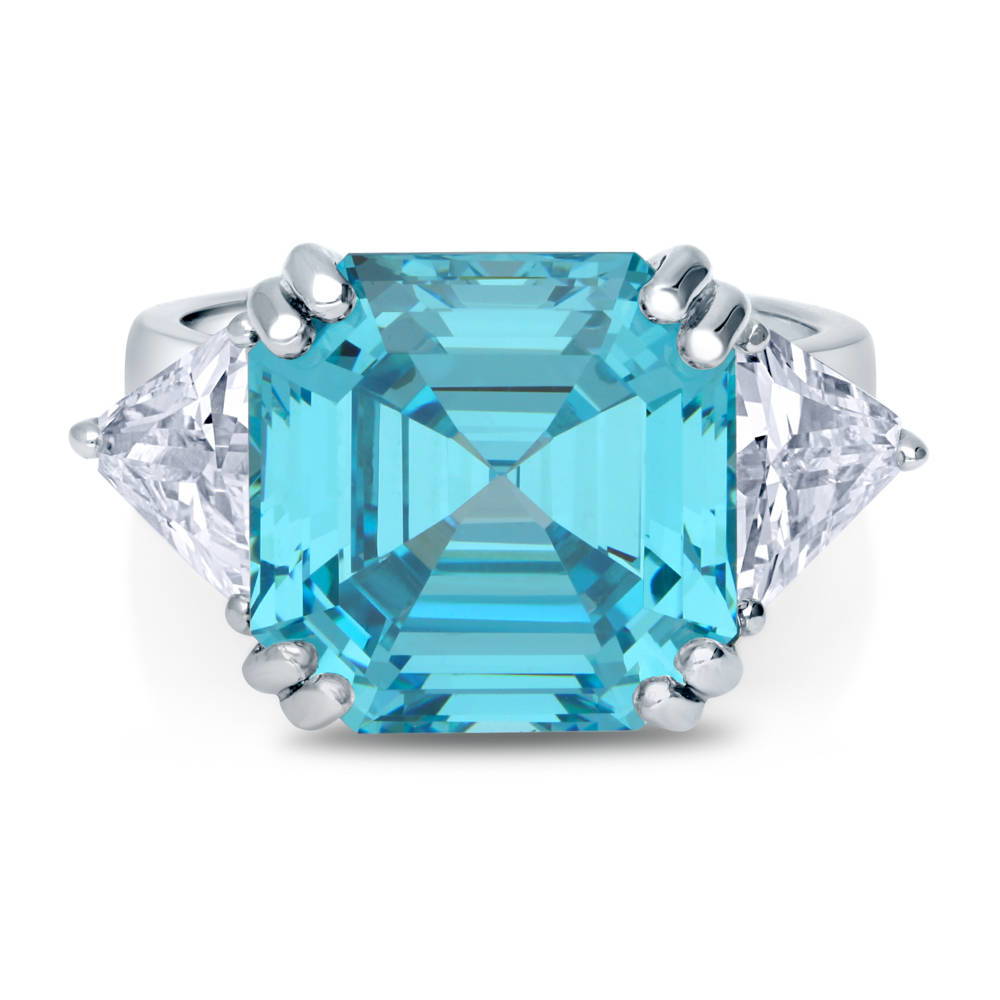 3-Stone Blue Asscher CZ Ring in Sterling Silver 12.6ct, 1 of 7
