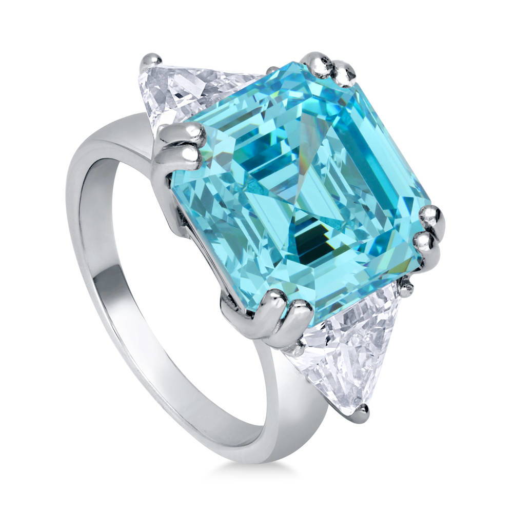 Front view of 3-Stone Blue Asscher CZ Ring in Sterling Silver 12.6ct, 4 of 7