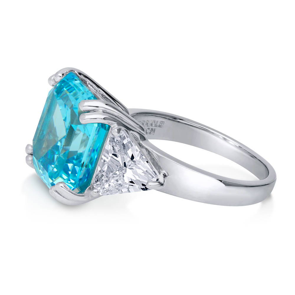 Angle view of 3-Stone Blue Asscher CZ Statement Ring in Sterling Silver, 5 of 7