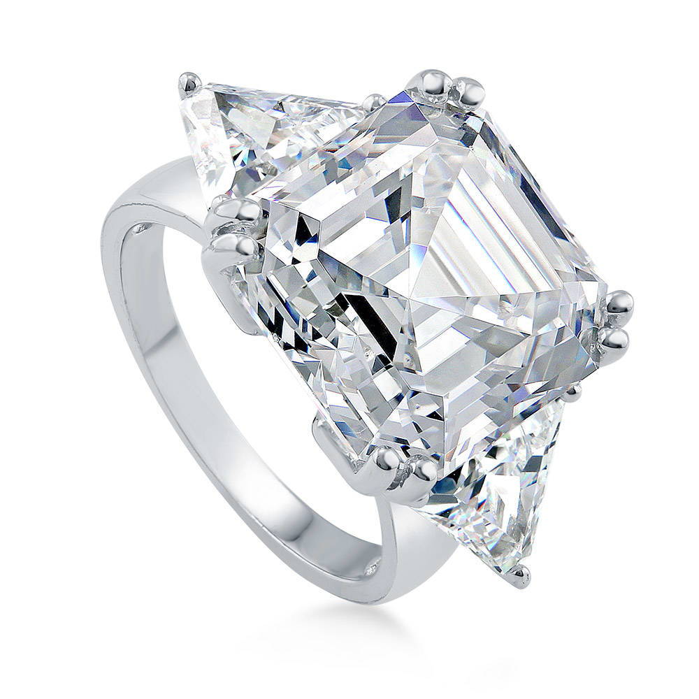 Front view of 3-Stone Asscher CZ Statement Ring in Sterling Silver, 3 of 12