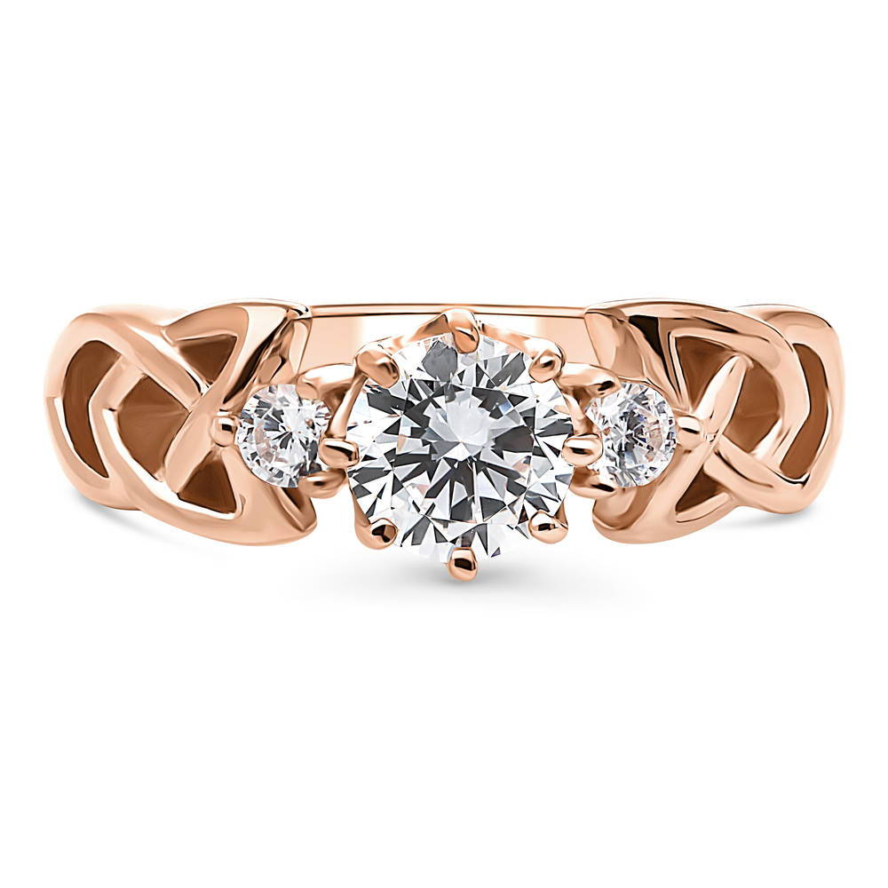 Celtic Knot 3-Stone CZ Ring in Rose Gold Plated Sterling Silver, 1 of 8