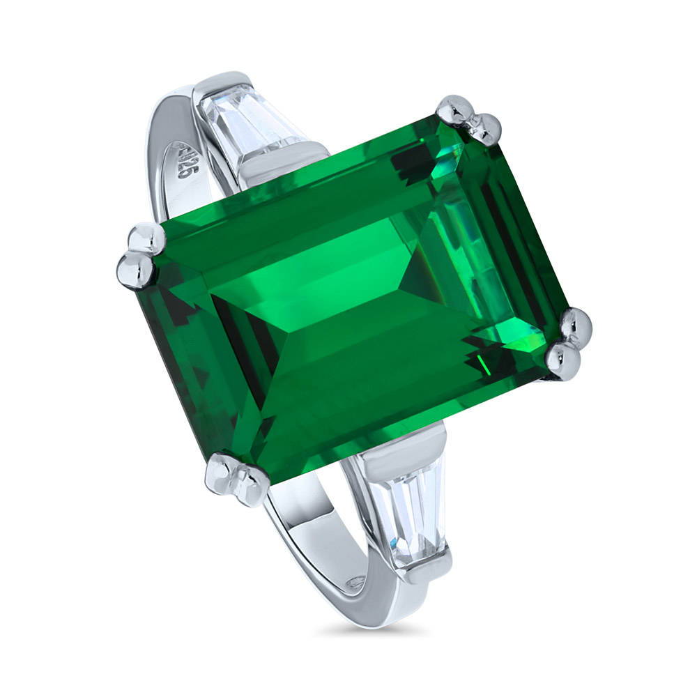 Front view of Solitaire Emerald-Green Emerald Cut CZ Ring in Sterling Silver, 4 of 11