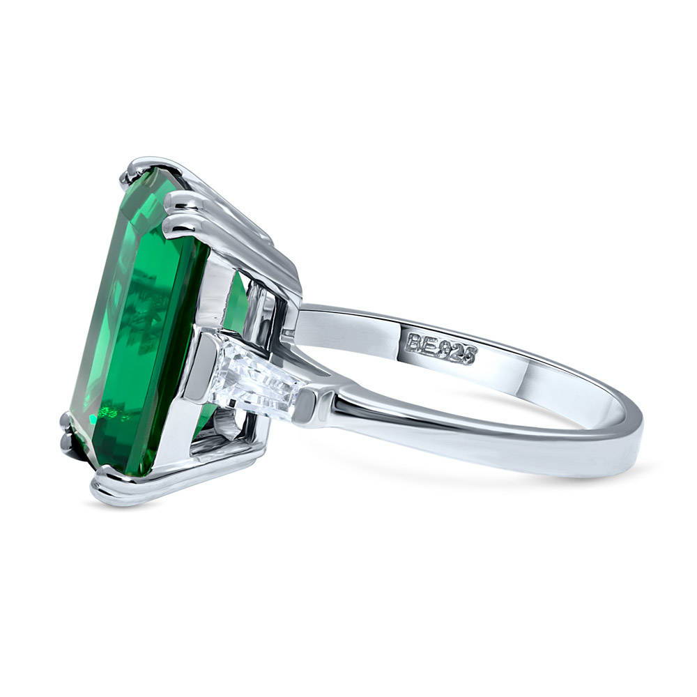 Angle view of Solitaire Emerald-Green Emerald Cut CZ Ring in Sterling Silver, 5 of 11
