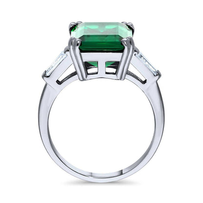 Solitaire Emerald-Green Emerald Cut CZ Ring in Sterling Silver
