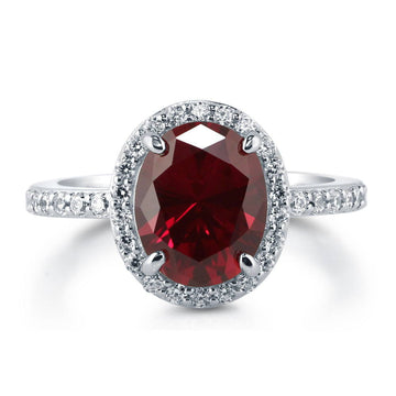 Halo Simulated Ruby Oval CZ Ring in Sterling Silver