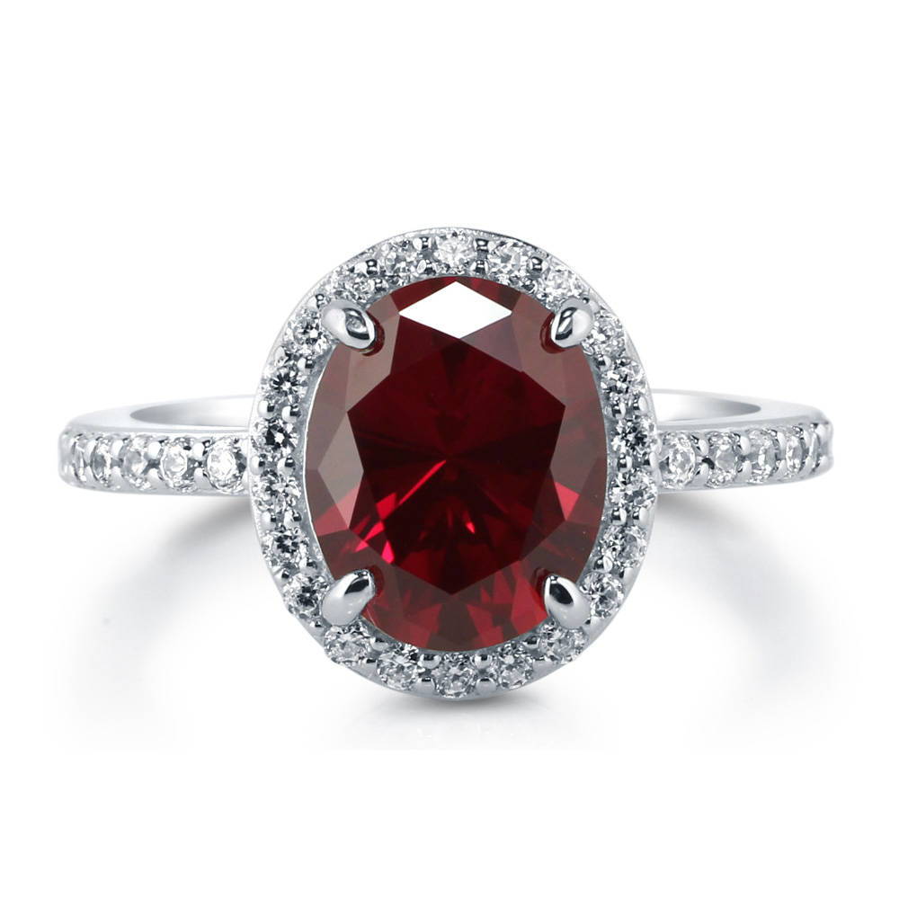 Halo Simulated Ruby Oval CZ Ring in Sterling Silver, 1 of 11