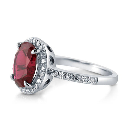 Halo Ruby-Red Oval CZ Ring in Sterling Silver