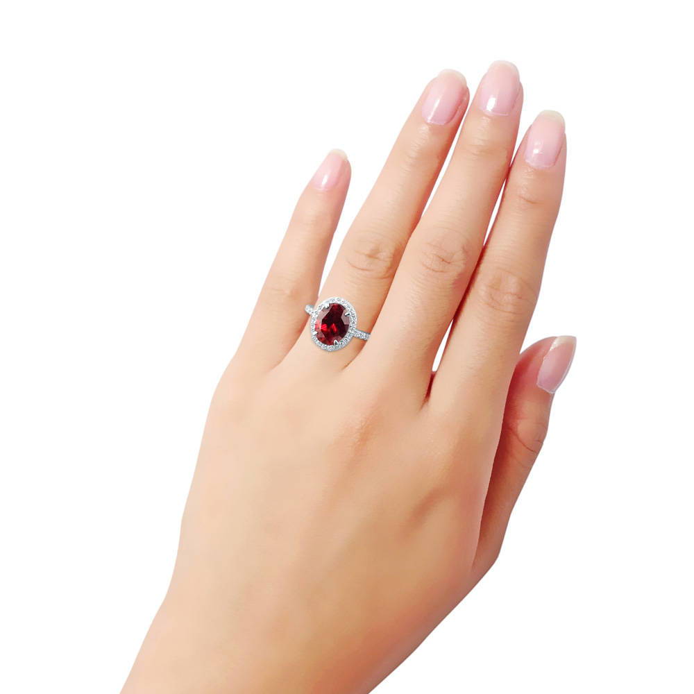 Halo Simulated Ruby Oval CZ Ring in Sterling Silver, 2 of 11