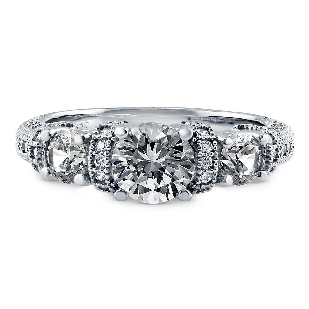 3-Stone Art Deco Milgrain 0.8ct CZ Ring in Sterling Silver, 1 of 7