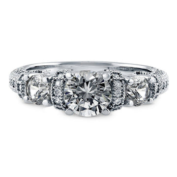 3-Stone Art Deco Round CZ Ring in Sterling Silver