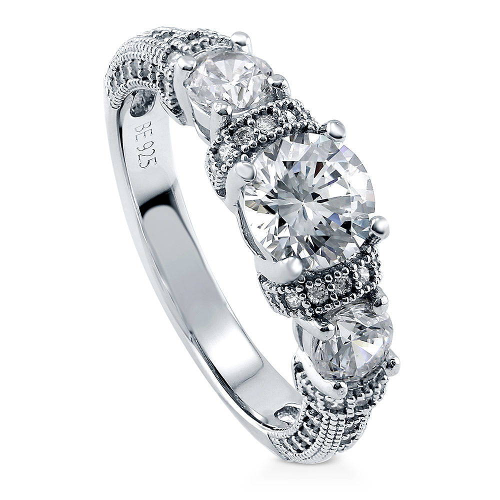 Front view of 3-Stone Art Deco Round CZ Ring in Sterling Silver, 4 of 7