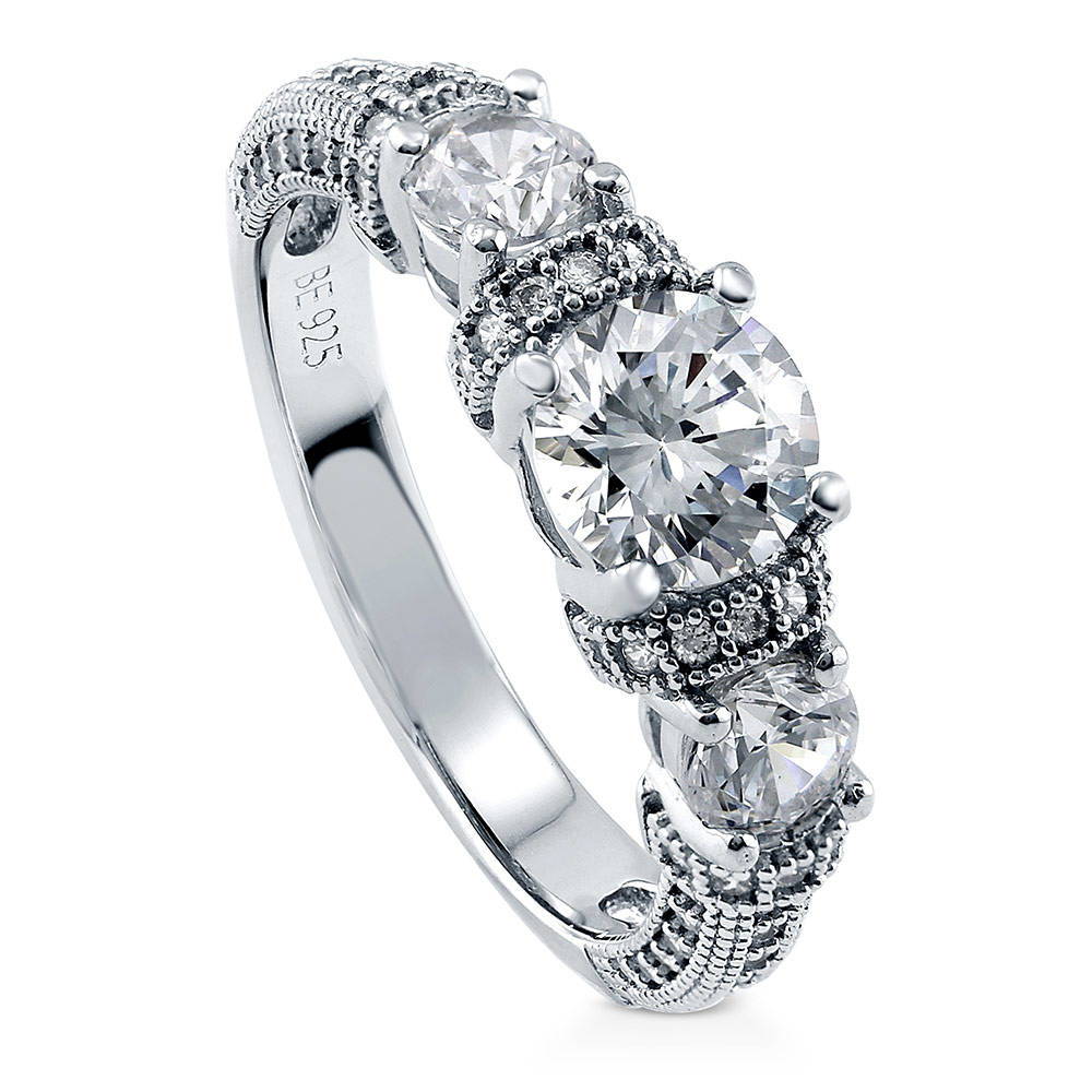 Front view of 3-Stone Art Deco Milgrain 0.8ct CZ Ring in Sterling Silver, 4 of 7