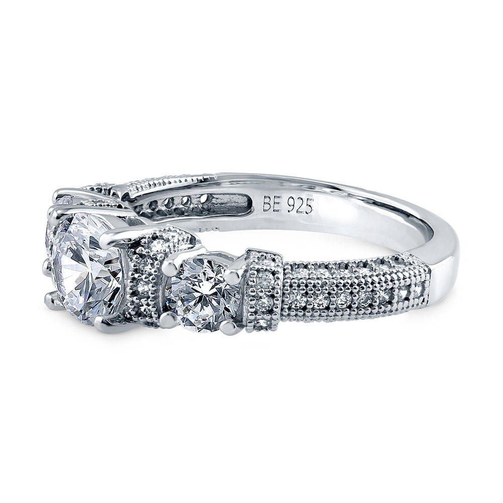 Angle view of 3-Stone Art Deco Milgrain 0.8ct CZ Ring in Sterling Silver, 5 of 7